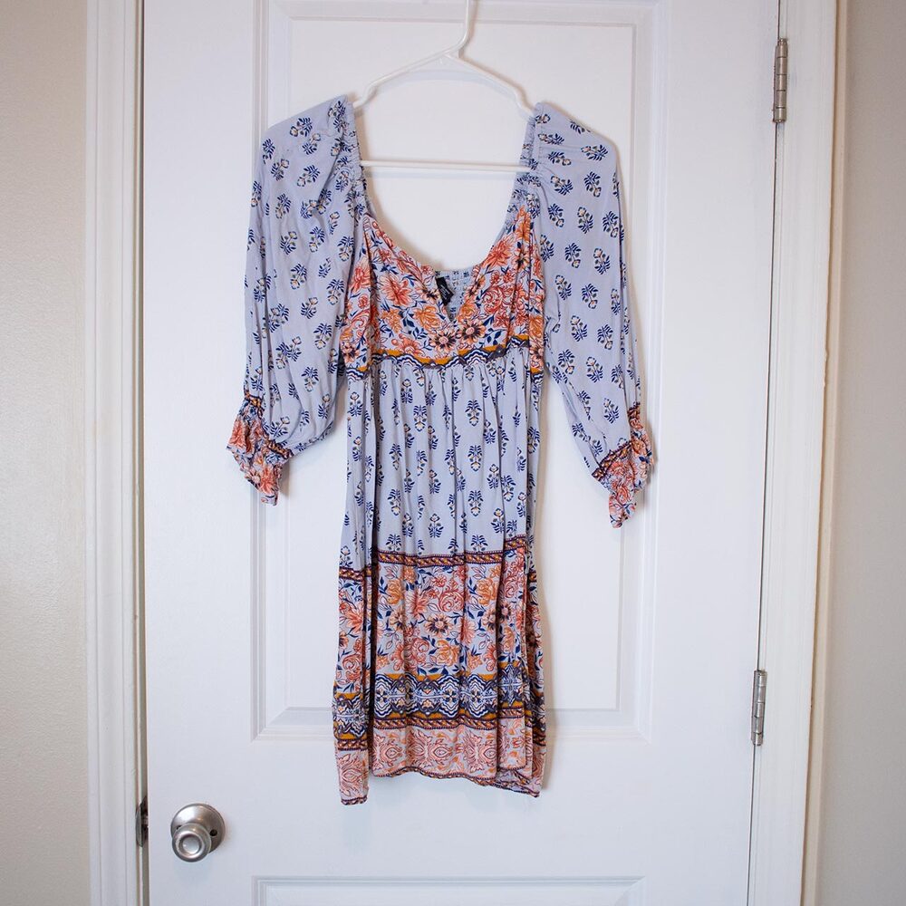 Boho Peasant Mini Dress Empire Waist Floral Print Stretch Festival L True Spring